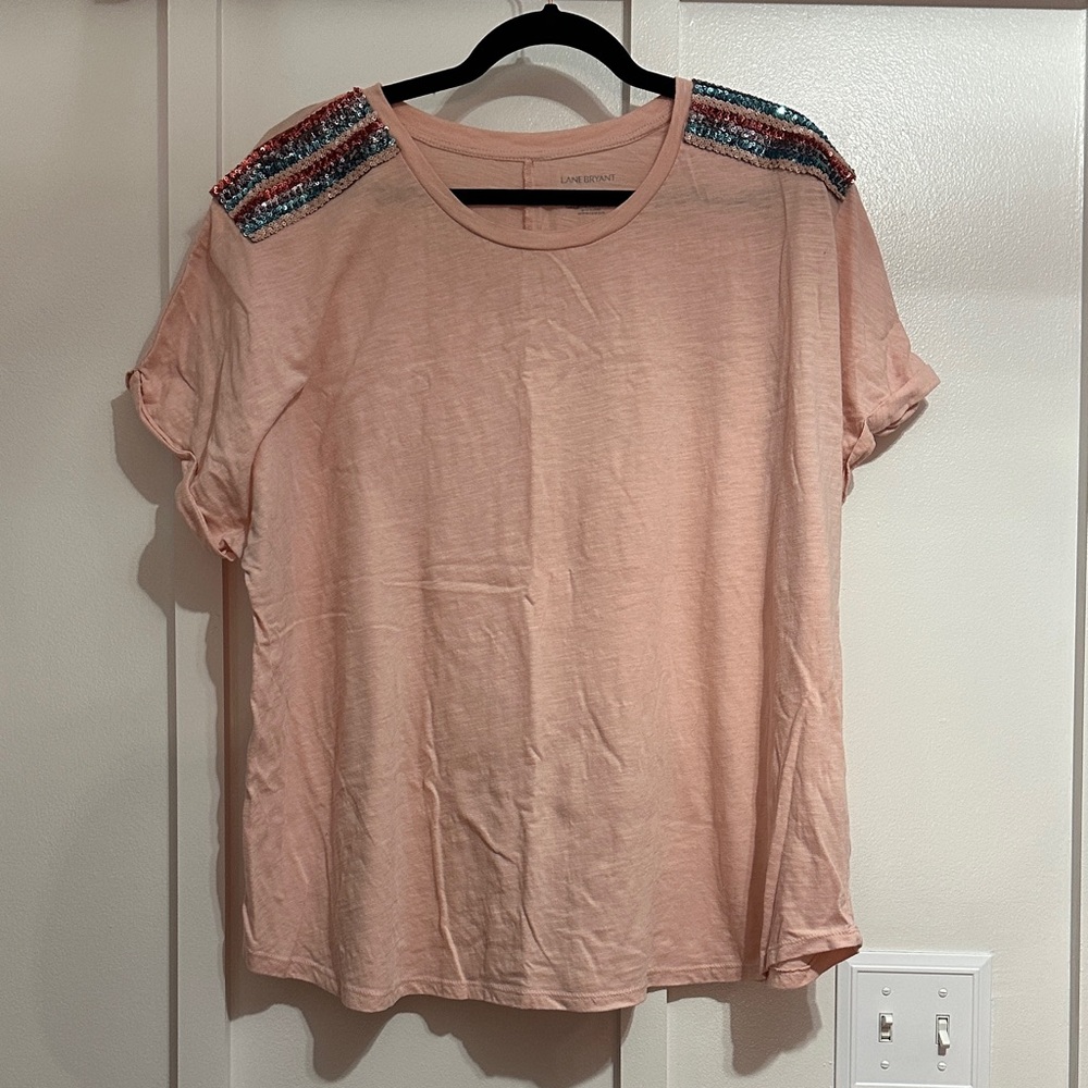 Lane Bryant Pink Tee with Colorful Shoulder Embellishments
